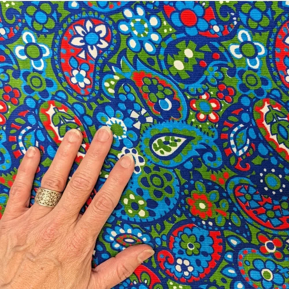 2 1/3 Yards Vintage 1970's CORDUROY FABRIC Hippie Flower Power Bright Paisleys